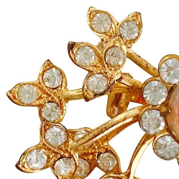 Small VTG Mid Century Faux Opal Rhinestone Floral Brooch Pink Flower Spray Pin - Picture 5 of 11